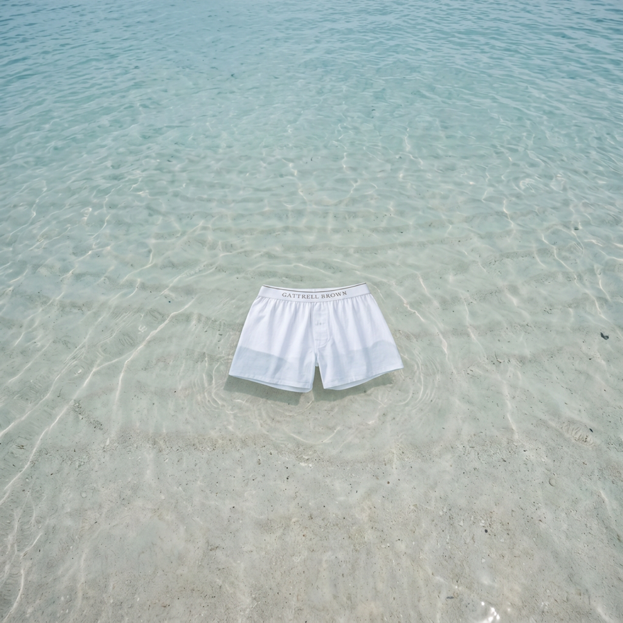 White Gattrell Brown cotton boxer in clear shallow sea water