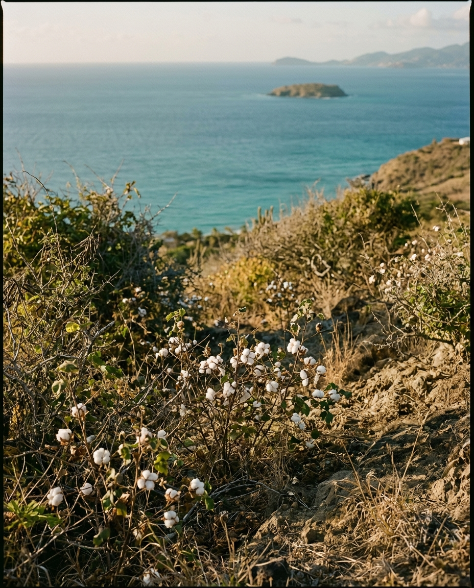 Wild cotton growing on a hillside above the sea in Carriacou, Grenada