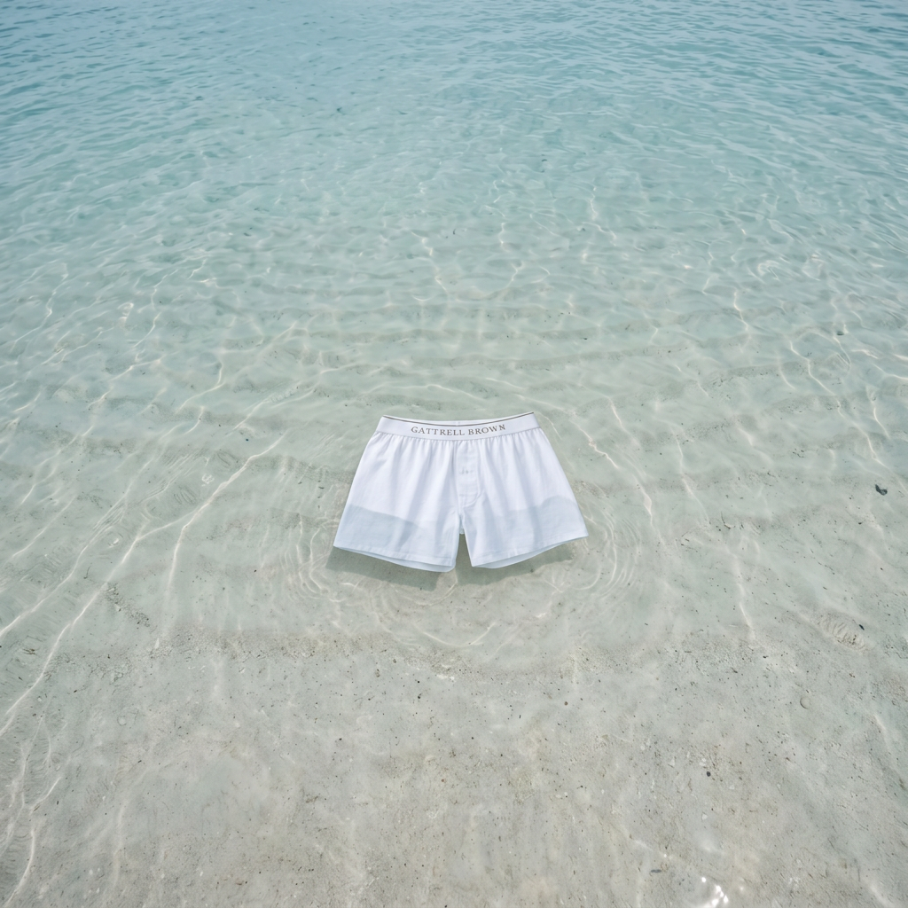 White Gattrell Brown cotton boxer in clear shallow sea water