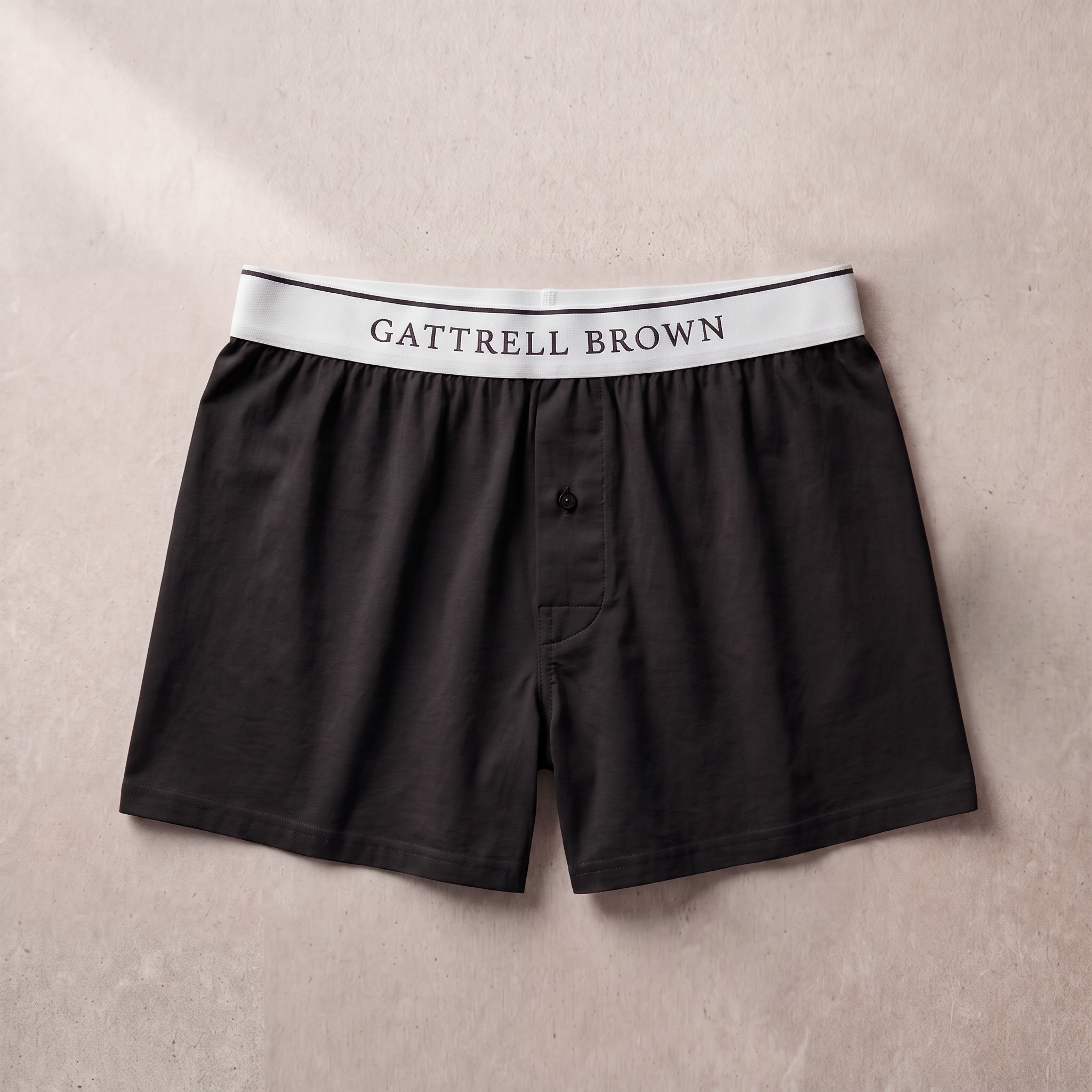 Black boxer shorts with a white waistband featuring 'Gattrell Brown' on a beige background