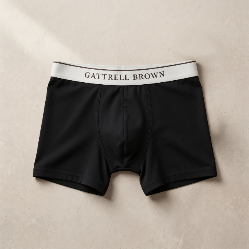 Black boxer briefs with white waistband featuring 'Gattrell Brown' on a beige background
