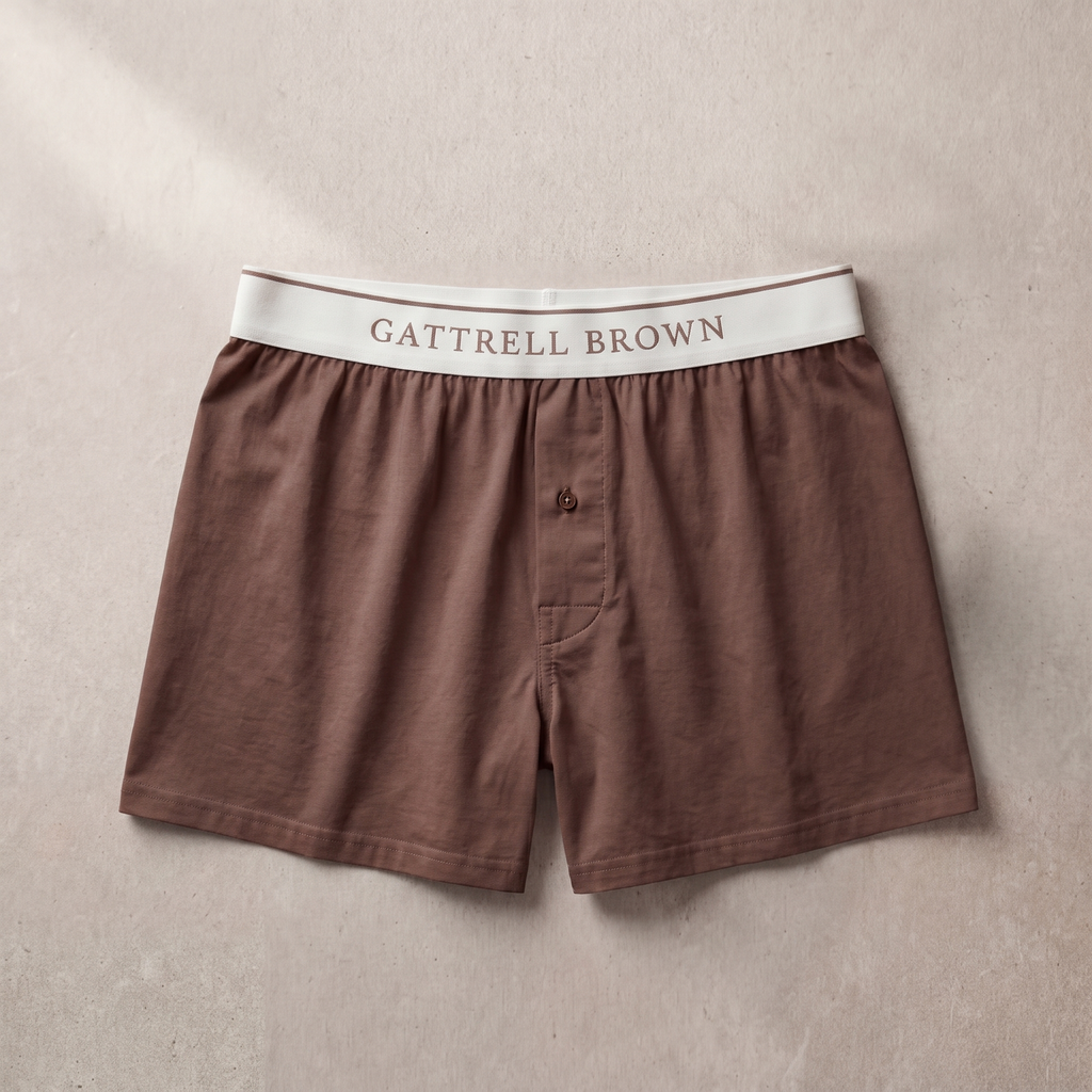 Brown boxer shorts with a white waistband featuring 'Gattrell Brown' on a beige background