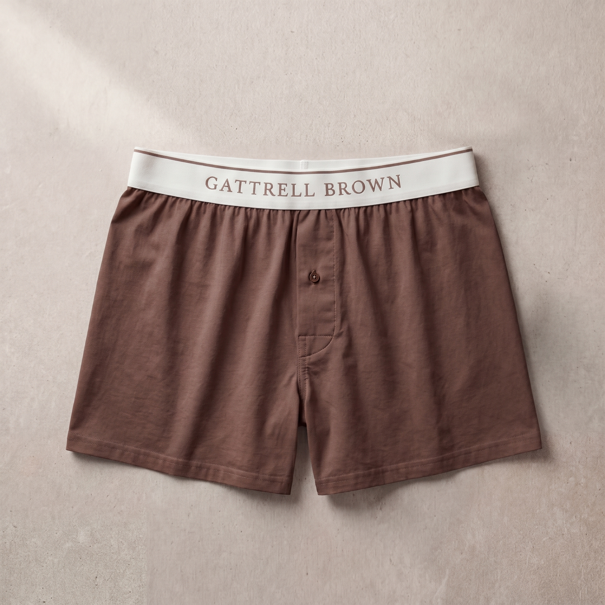 Brown boxer shorts with a white waistband featuring 'Gattrell Brown' on a beige background