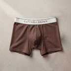 Brown boxer briefs with a white waistband featuring 'Gattrell Brown' on a beige background.