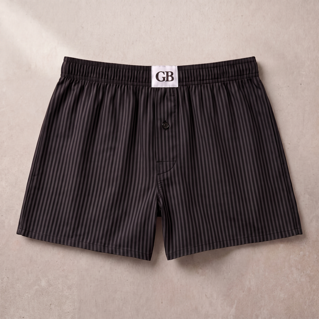 Black and dark gray vertically striped boxer briefs with a white waistband label reading 'GB', laid flat on a light beige textured background.