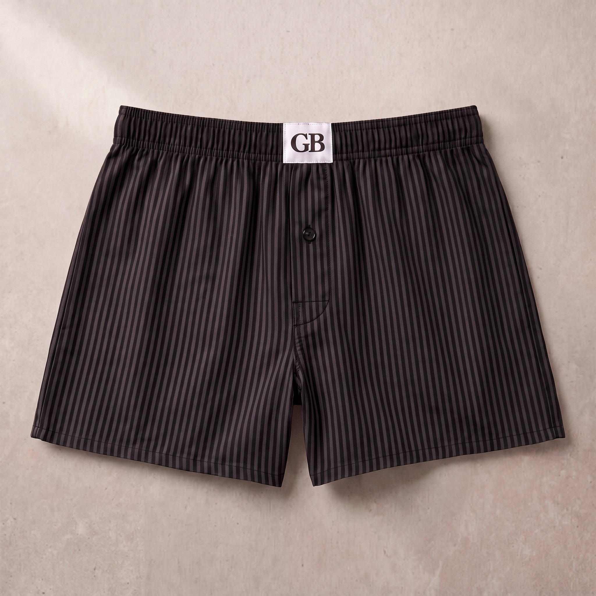 Black and dark gray vertically striped boxer briefs with a white waistband label reading 'GB', laid flat on a light beige textured background.