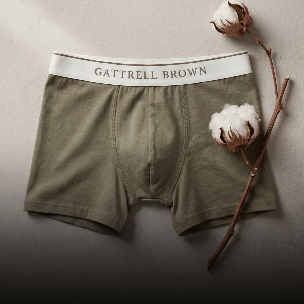 A pair of Gattrell Brown men's boxer briefs in olive green, styled with dried cotton bolls on a textured gray background.