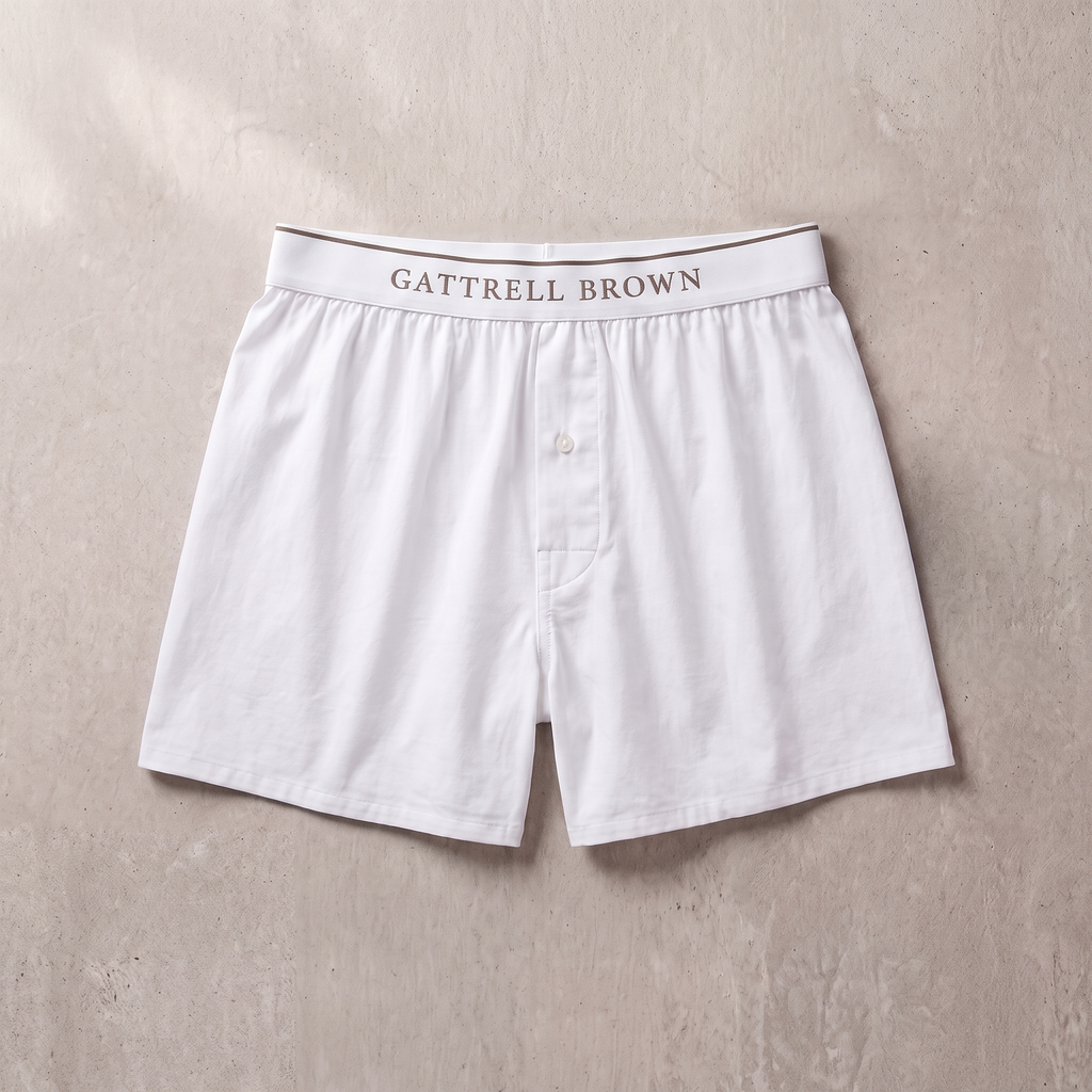 White boxer shorts with 'Gattrell Brown' waistband on a beige background