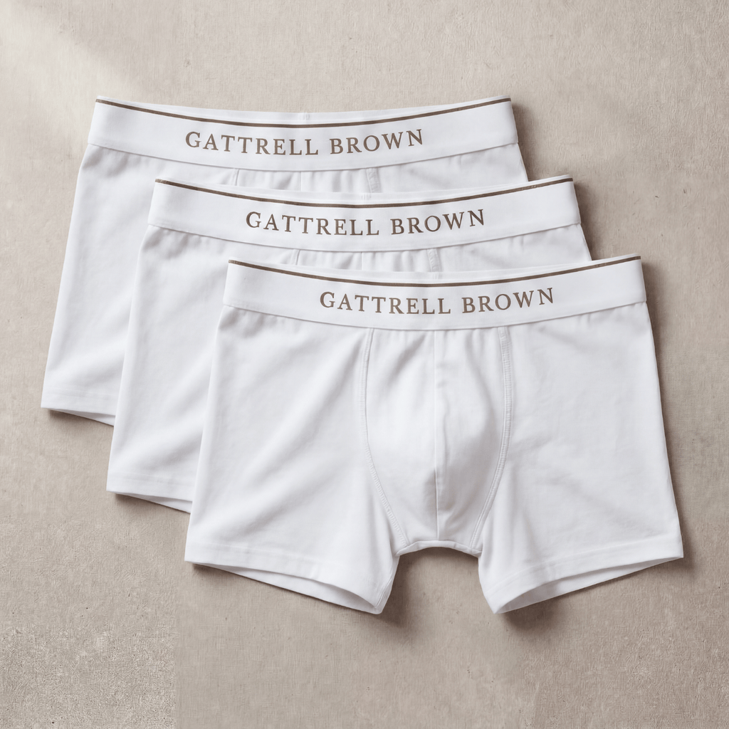 Three pairs of white boxer briefs with 'Gattrell Brown' branding on a beige background