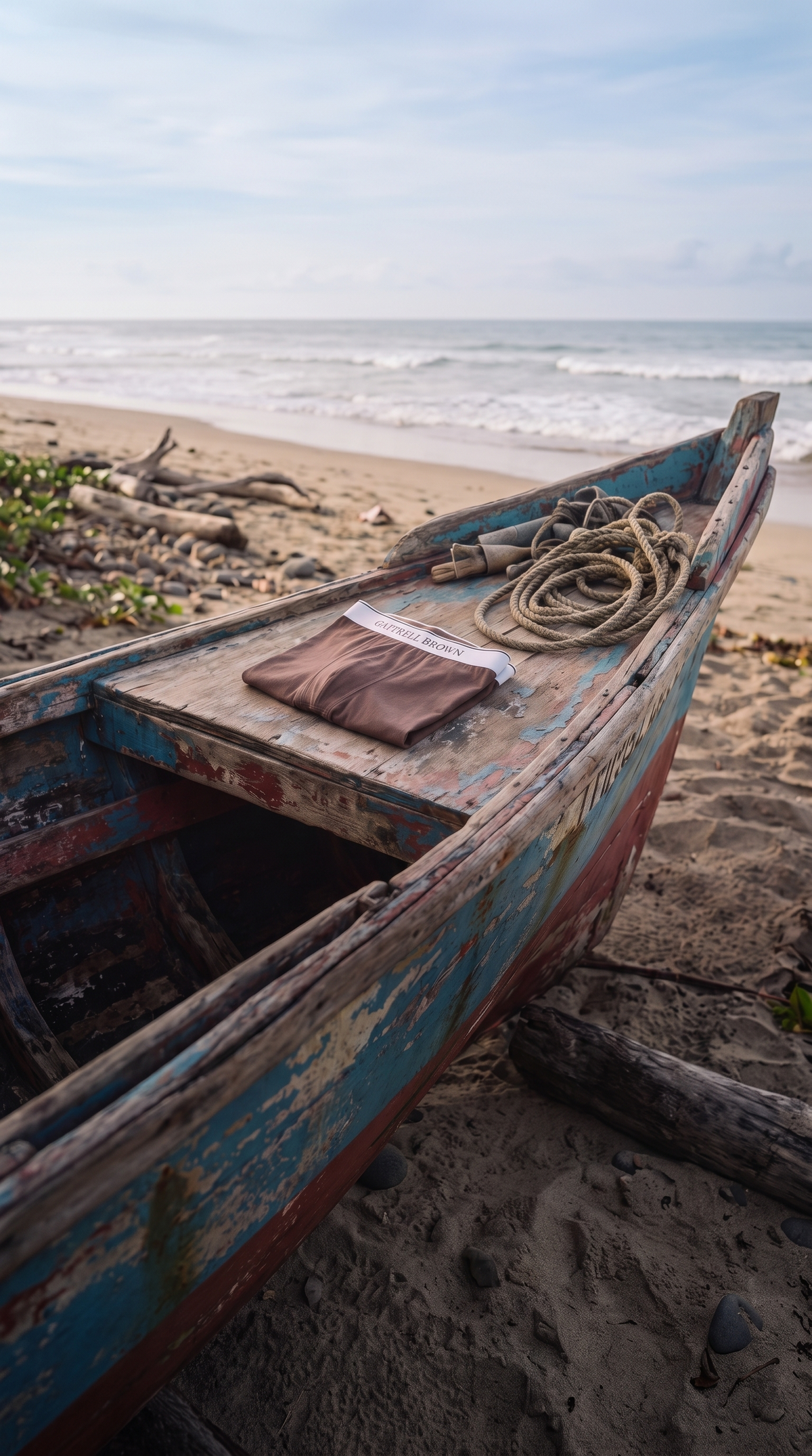 Brown cotton trunk on the bow of a weathered fishing boat, Grenada