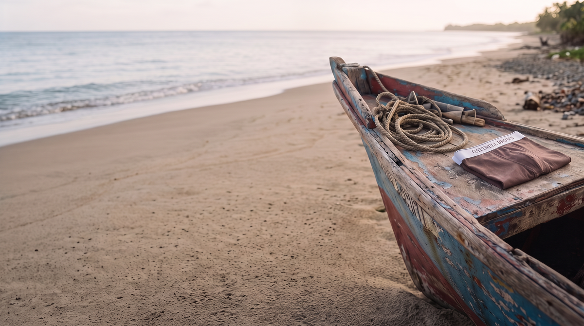 Brown Original Trunk folded on the bow of a fishing boat on a beach in Grenada