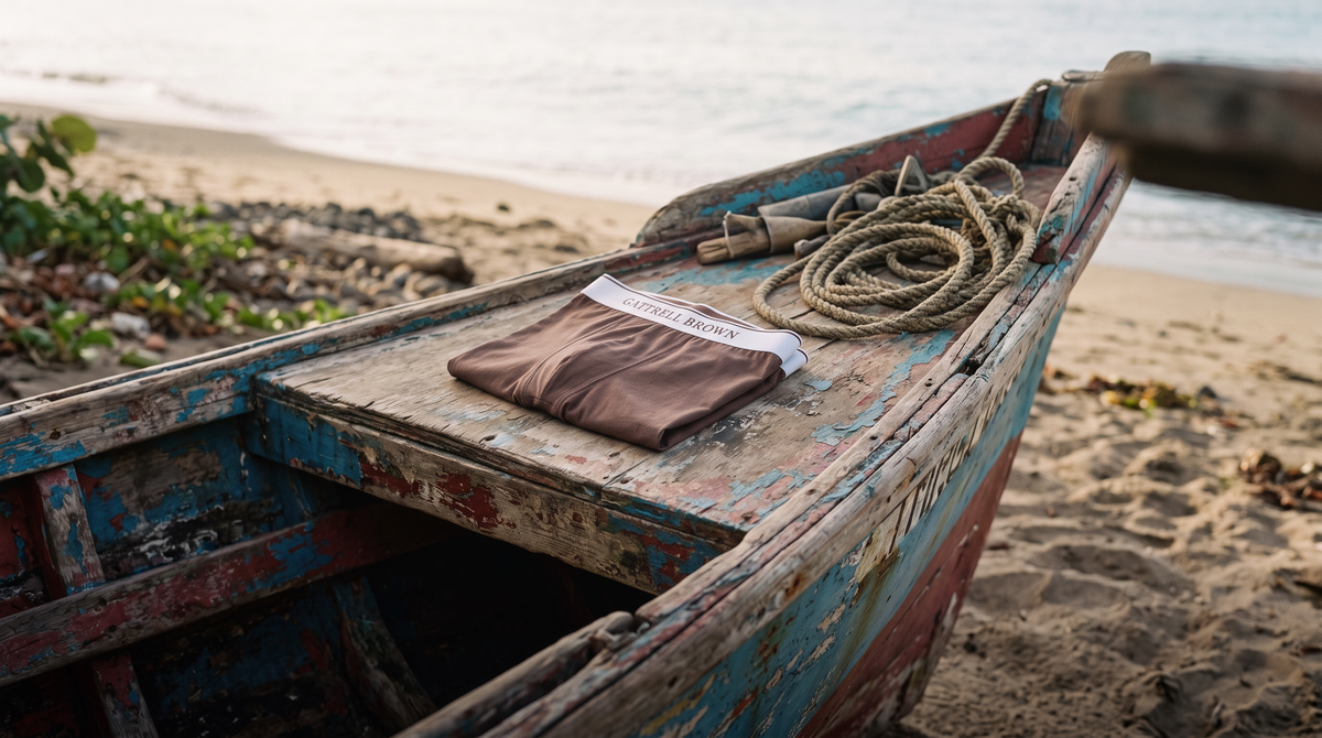 Brown Original Trunk folded on the bow of a fishing boat on a beach in Grenada
