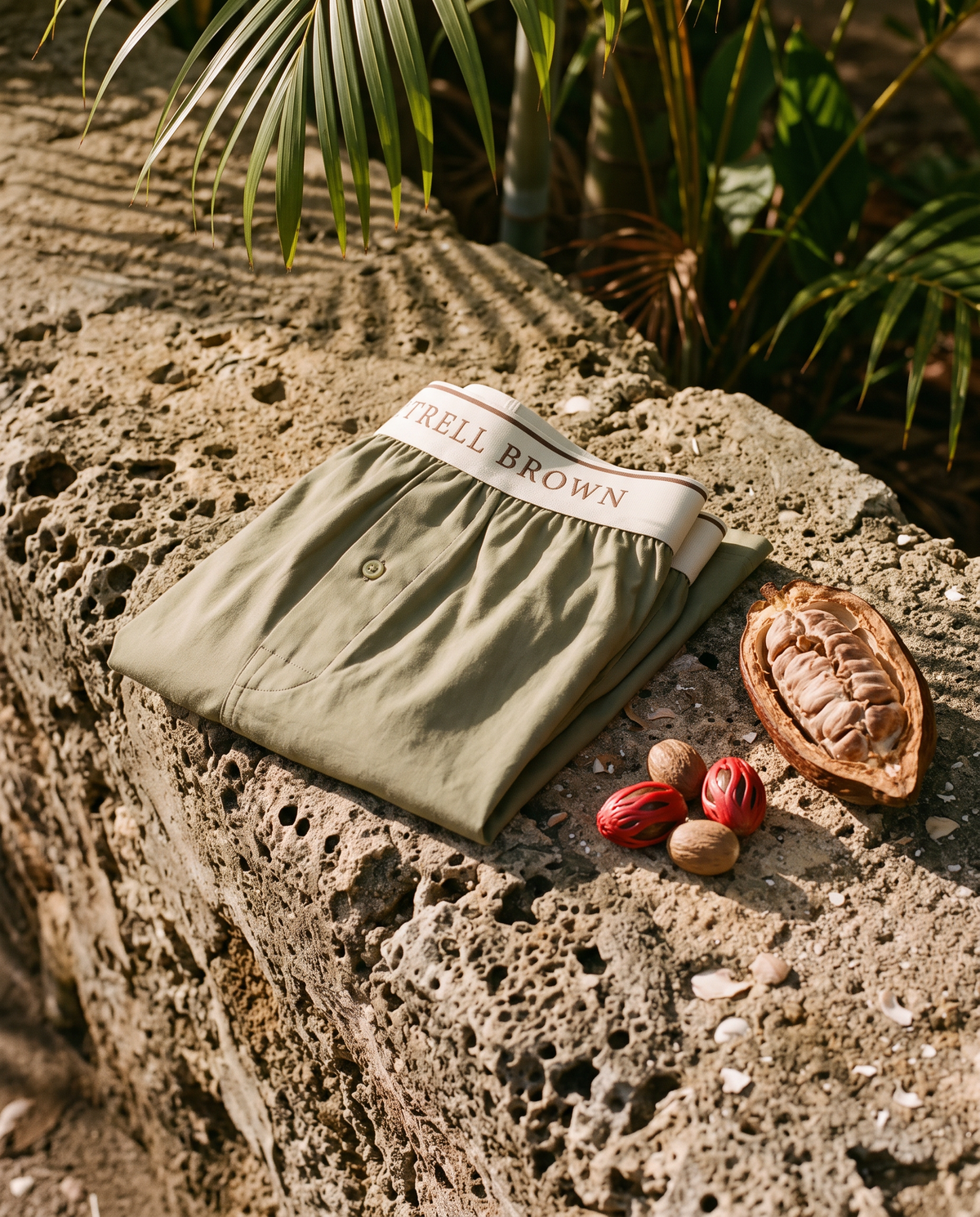 Green Signature Boxer on coral stone with nutmeg and cocoa, Grenada