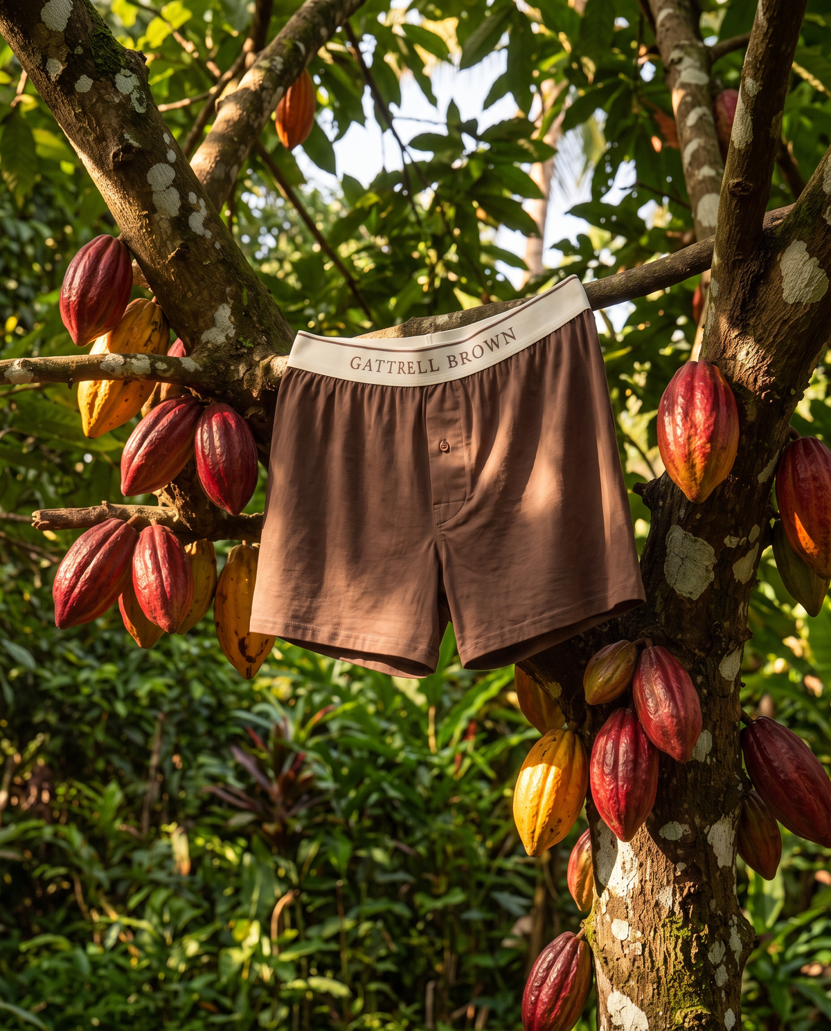 Brown Signature Boxer hanging in a cocoa tree